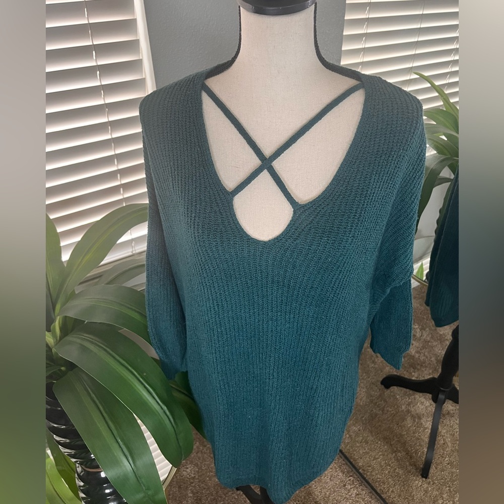 Express V Neck Knit Sweater Teal 3/4 Length Sleeve Cotton Blend Size M